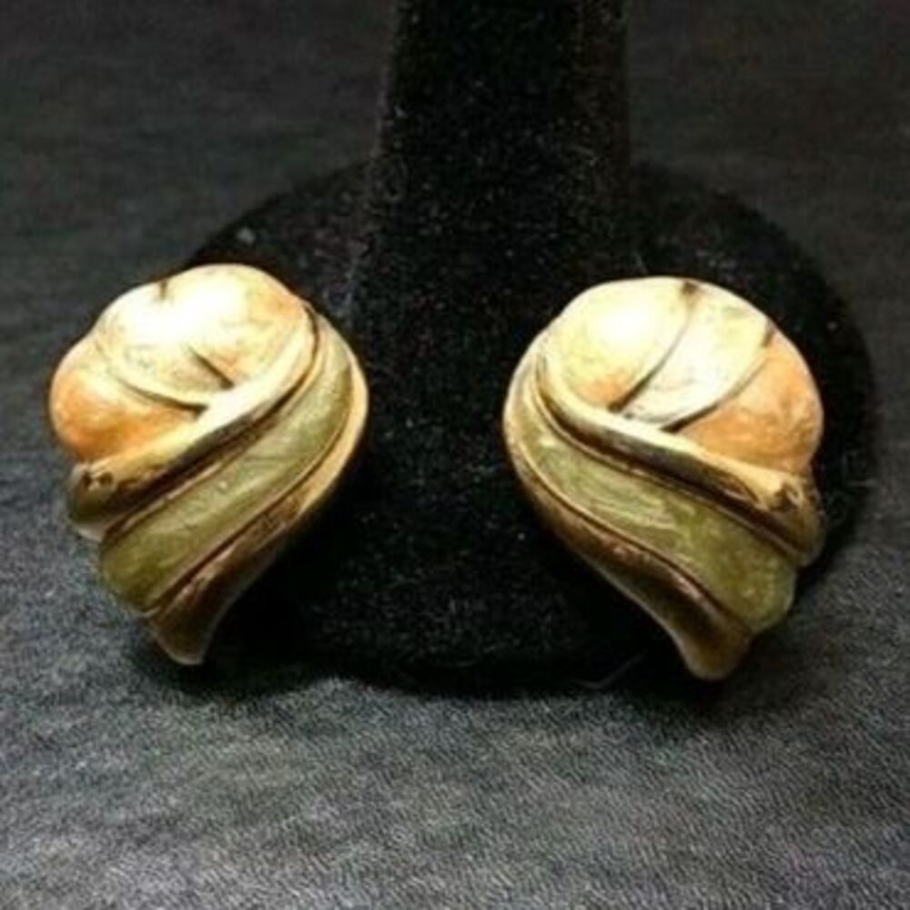 Gold Tone Peach & Green Enamel Swirl Earrings Vintage